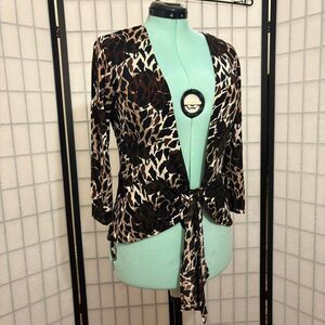 low front tie animal print blouse cardigan with flared sleeves